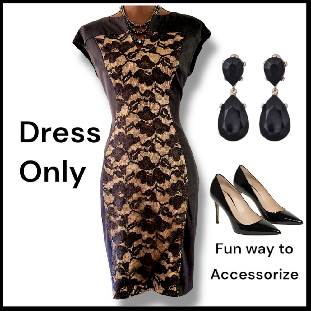 Women Work Dress, Sz 6p, Evening Dress, Color Block Lace Dress, Nude Black Lace